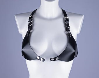 Leather Bra Top with Front Snap Closure, Sexy Bralette, Leather Lingerie set, Festival Outfit, Harness Bra and leather thong panties set
