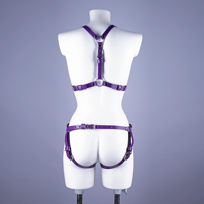 May include: Purple leather harness with silver hardware. The harness has straps that go over the shoulders and around the waist. It also has straps that go around the thighs.