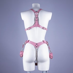 May include: Pink leather harness set with adjustable straps, buckles, and metal chain accents. The set includes a chest harness, waist harness, and wrist cuffs. The items are displayed on a white mannequin against a light purple background.