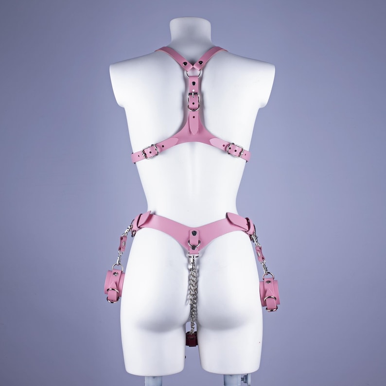 May include: Pink leather harness set with adjustable straps, buckles, and metal chain accents. The set includes a chest harness, waist harness, and wrist cuffs. The items are displayed on a white mannequin against a light purple background.