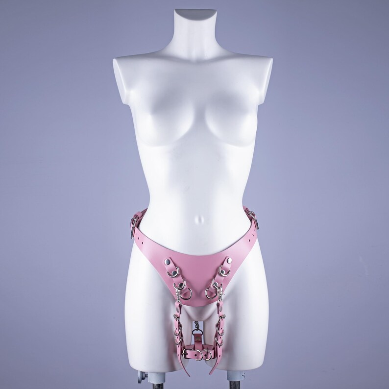 May include: Pink leather harness with silver metal rings and chains. The harness has a belt with two buckles and a strap that goes between the legs.