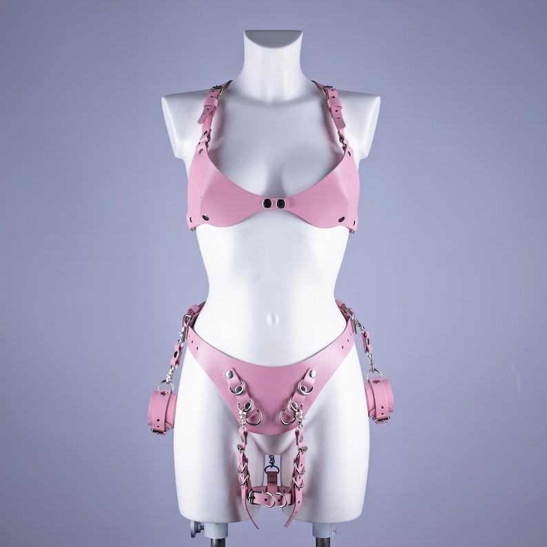 May include: A pink leather lingerie set displayed on a mannequin. The set includes a halter top, a thong, and cuffs, all connected with straps and metal hardware. The lingerie is a soft pink color.