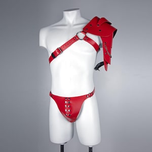 Leather Armor and Men's Thong set, Gladiator Adult Costume, Male Shoulder Harness for BDSM party, Leather panties for men, Festival outfit
