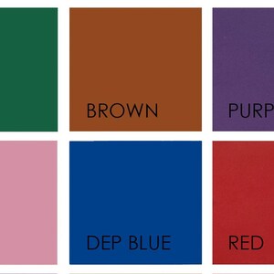 May include: A collection of six color swatches, each in a square shape. The colors include green, brown, purple, pink, deep blue, and red. Each swatch has the color name printed in black text.