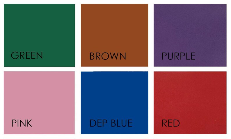 May include: A collection of six color swatches, each in a square shape. The colors include green, brown, purple, pink, deep blue, and red. Each swatch has the color name printed in black text.