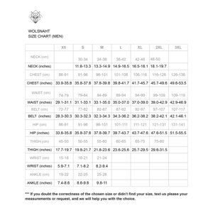 May include: A size chart for men's clothing from Wolsnaht, with measurements in inches and centimeters. The chart includes neck, chest, waist, belt, hip, thigh, wrist, and ankle measurements, with sizes ranging from XS to 3XL.