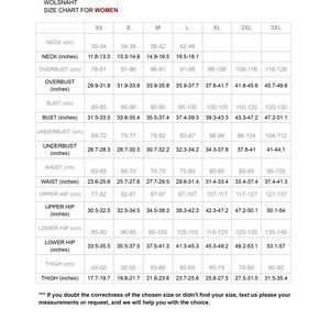 May include: Wolsnaht women's size chart, displaying measurements in centimetres and inches. Includes neck, overbust, bust, underbust, waist, upper hip, lower hip, and thigh measurements, from XS to 3XL.