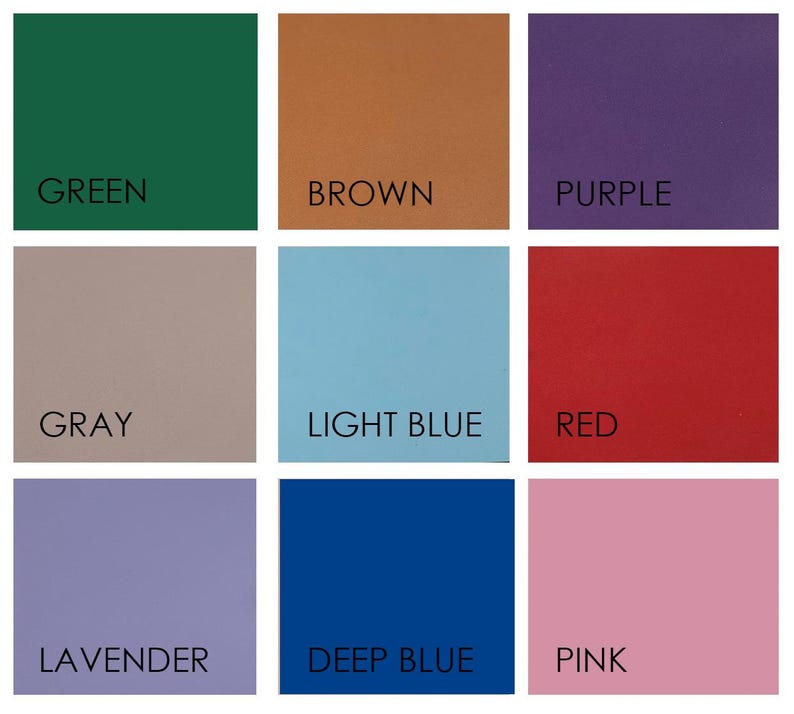 May include: A color chart with nine squares showing different colors. The colors are green, brown, purple, gray, light blue, red, lavender, deep blue, and pink.