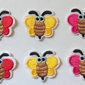 Set Of 6 Small Bumble Bee Fabric Embroidered Iron On Patches Red Yellow and Pink