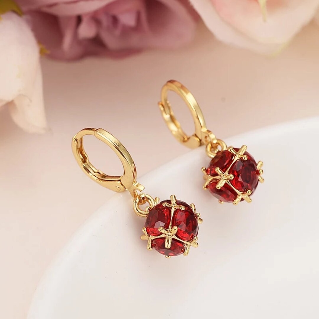 Gold Ruby Earrings,red Ball Christmas Earrings,gold Hoops,art Deco Ruby ...