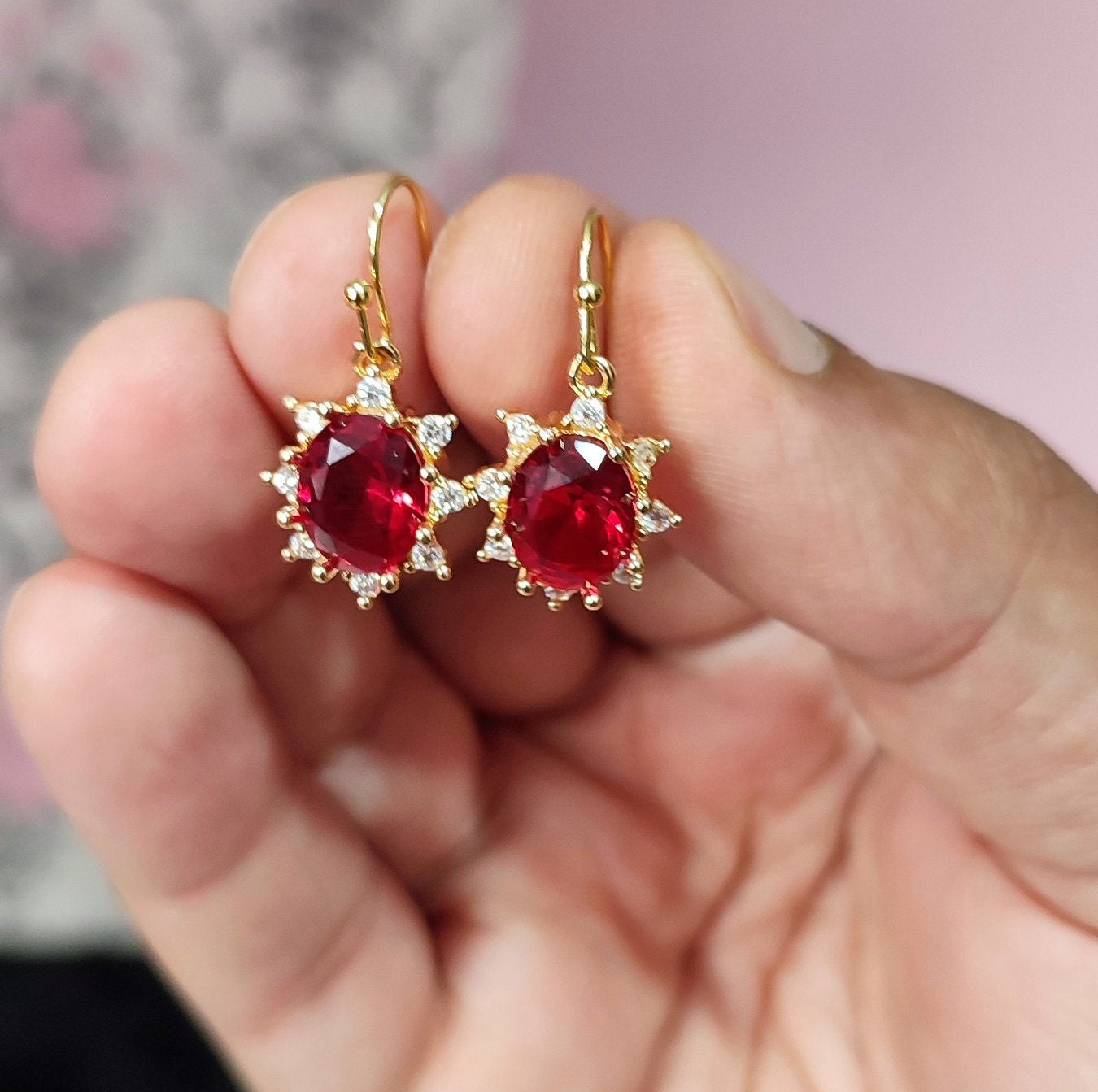 Vintage 14K Yellow Gold Ruby & Diamond Flowers w/ Green Emerald Leaves  Pierced Stud Earrings - Genuine Gemstones - Christmas Flower Earrings