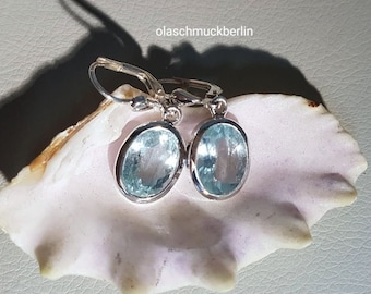 Pendientes colgantes de aguamarina en plata de ley, joyería colgante con gema azul facetada (9 x 12 mm)