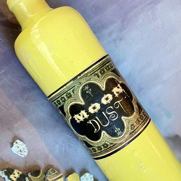 Vintage Pottery Bottle | Moon Dust Label | Chartreuse & Black | apothecary decor | Home accent | Mystical Horoscope Lover | Lunar Phase gift