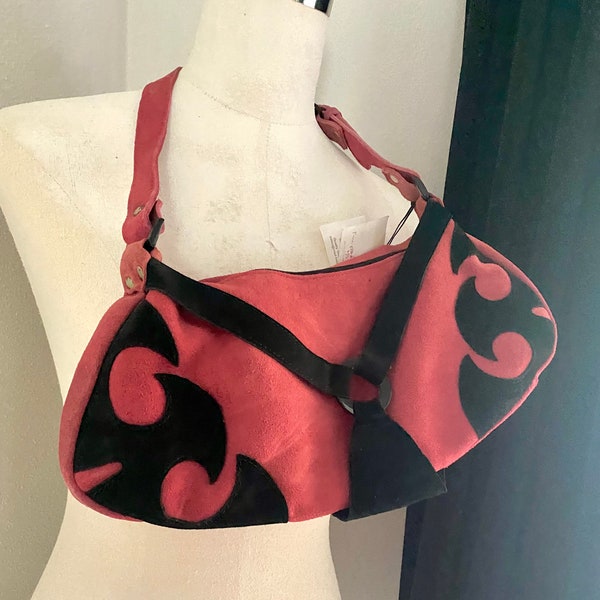 Vintage handbag | Mad Bag suede purse | red & black gothic medieval bag | handmade | Retro glamour | evening | with jeans | rare | Smaller |