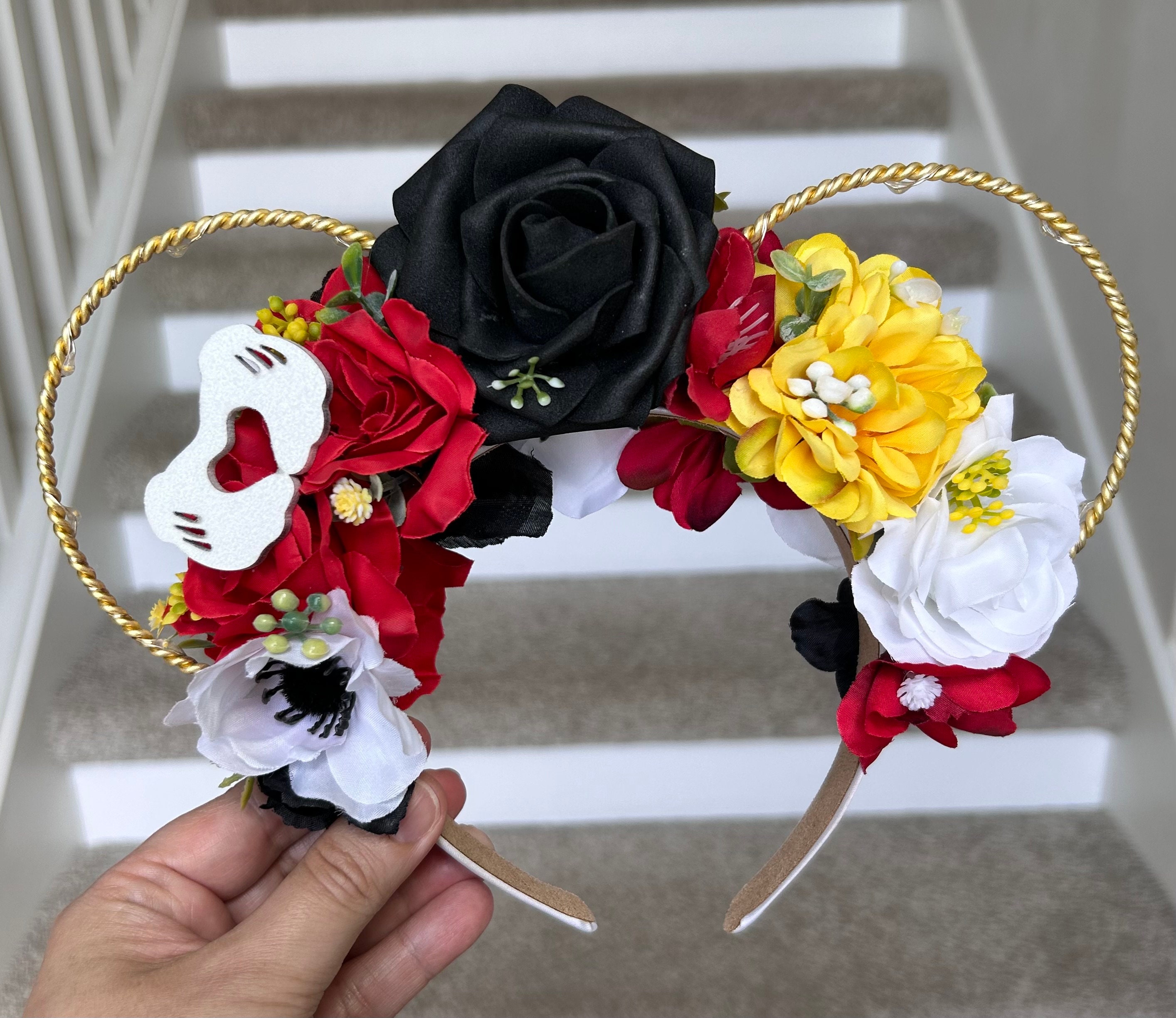 Disney Parks Floral Mickey Ears Gold Wire Headband Blue White Roses NWT animal print disney ears - TikTok Shop main image 4