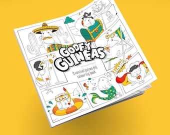 May include: A black and white coloring book titled "Goofy Guineas: A comical guinea pig coloring book" by Charlotte Warren. The cover features illustrations of guinea pigs in various scenes, including a pirate ship, a beach, and a sombrero.