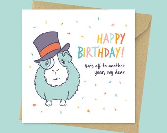 Hats off to another year, cute guinea pig birthday card for kids, for children, for son, for daughter, for mum, for dad, guinea pig owner