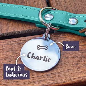 Premium Pet Tag // Laser engraved silver circular tag // Small Dog ID Tag // Cat ID Tag // Personalised pet tag // stainless steel tags Font 2: Ludicrous