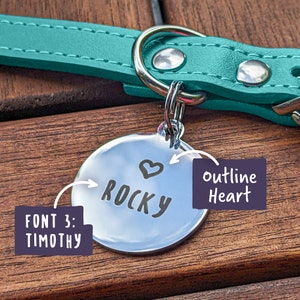 Premium Pet Tag // Laser engraved silver circular tag // Small Dog ID Tag // Cat ID Tag // Personalised pet tag // stainless steel tags Font 3: Timothy