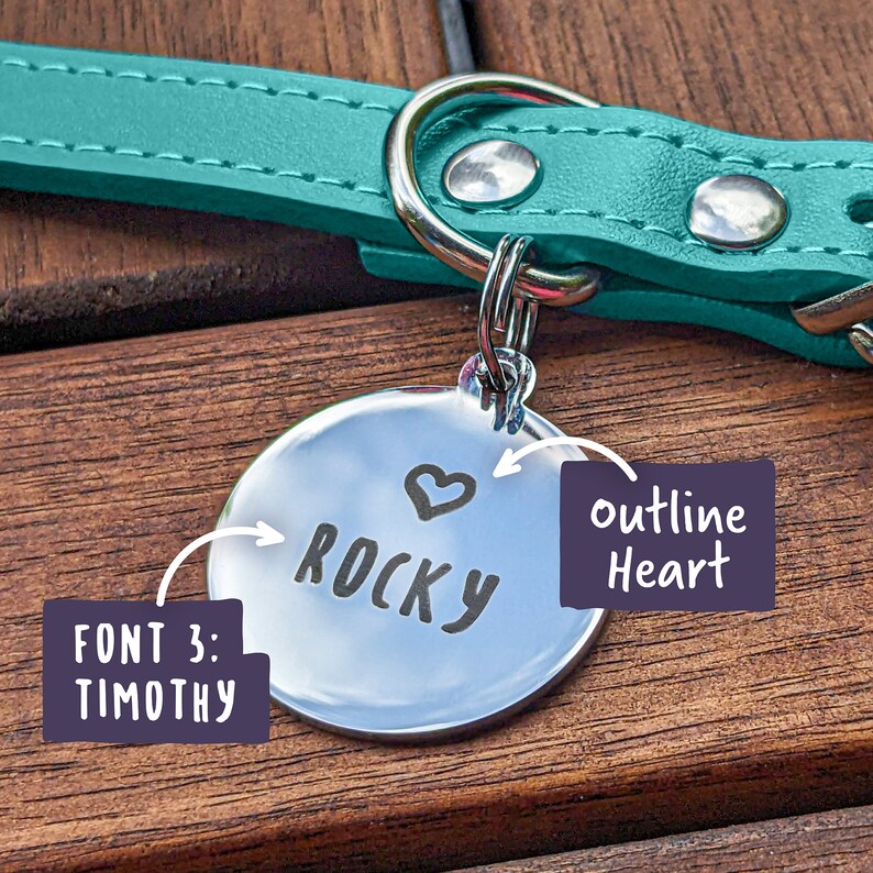 Premium Pet Tag // Laser engraved silver circular tag // Small Dog ID Tag // Cat ID Tag // Personalised pet tag // stainless steel tags Font 3: Timothy