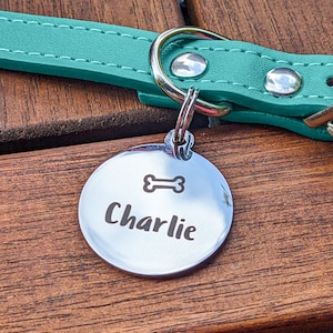Premium Pet Tag // Laser engraved silver circular tag // Small Dog ID Tag // Cat ID Tag // Personalised pet tag // stainless steel tags image 1