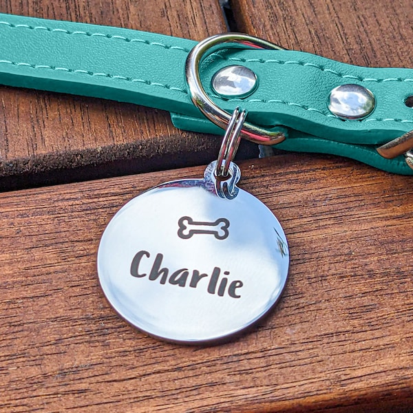 Premium Pet Tag // Laser engraved silver circular tag // Small Dog ID Tag // Cat ID Tag // Personalised pet tag // stainless steel tags