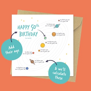 Personalised any age space Birthday card, solar system ages on different planets for him, for dad, for boyfriend, for husband, for brother