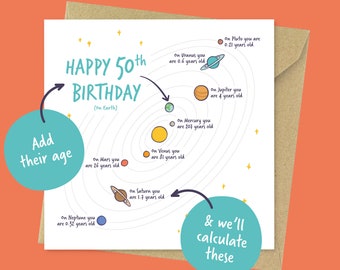 Personalised any age space Birthday card, solar system ages on different planets for him, for dad, for boyfriend, for husband, for brother