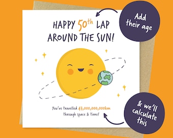 Laps around the sun, personalised any age space Birthday card for him, for dad, for boyfriend, for husband, for brother, for son, for her