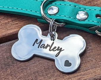 Premium Dog Tag // Laser engraved silver dog bone tag // Dog ID Tag // New Puppy Name Tag // Personalised pet tag // stainless steel tag