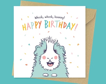 Wheek, wheek, hooray! Cute guinea pig birthday card for kids, for children, for son, for daughter, for mum, for dad, for guinea pig owner