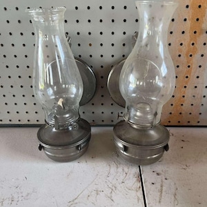 Pair of 2 Oil Lamps Clear Glass Chimneys Silver Metal Base Knob Control