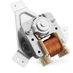 May include: A silver-coloured electric motor component featuring a prominent copper wire coil wound around a beige plastic frame. The assembly includes a circular metal housing, several mounting screws, and a flat, triangular metal bracket.