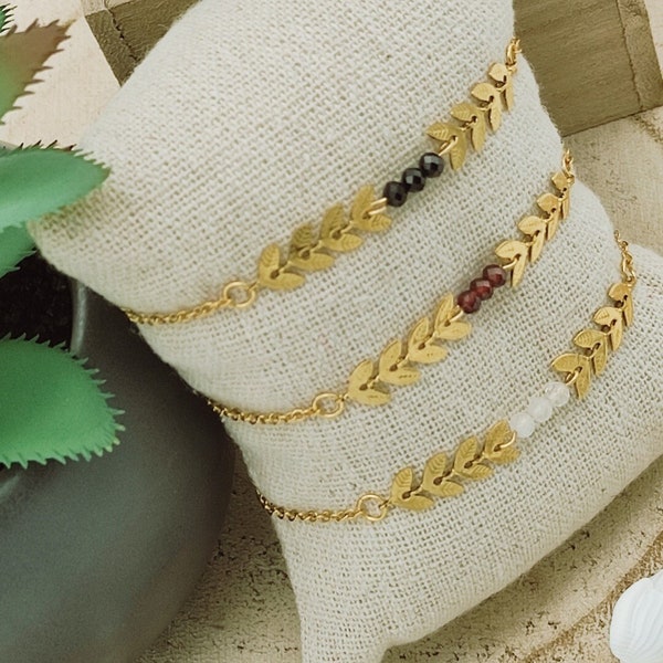 Bracelet minimaliste épi de blé doré - bracelet pierre semi-précieuse - fine chaîne acier inoxydable doré - style bohème chic - cadeau femme