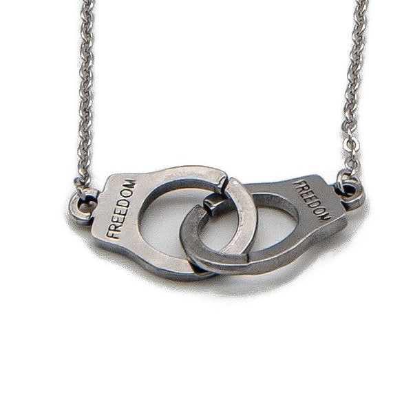 Collier menotte acier - bijoux menotte inscription freedom - chaîne acier inoxydable doré ou argenté - cadeau femme | homme