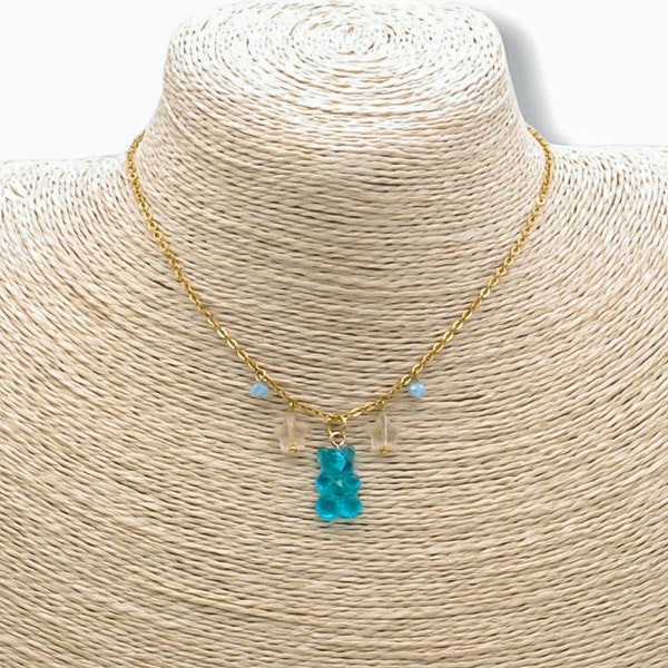 Collier enfant ourson bonbon & étoiles - chaîne acier inoxydable doré - bijoux enfant couleur au choix - cadeau Noël enfant | petite fille