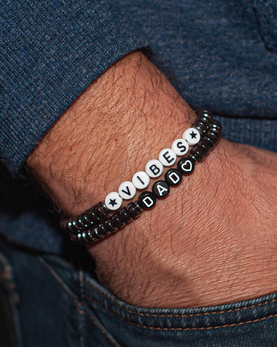 Personalized Men s Bracelet in Hematite Beads Black white Letter Dad Bracelet Godfather Mantra First Name Date Men s Gift Women Etsy Australia