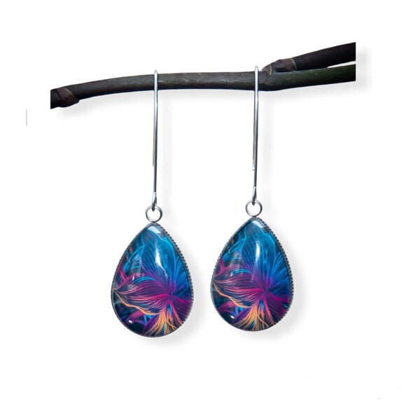 Boucles d'oreilles géométrie - boucle d'oreille cabochon - bijoux abstrait violet, bleu, noir, jaune - cadeau femme Noël | fête des mères