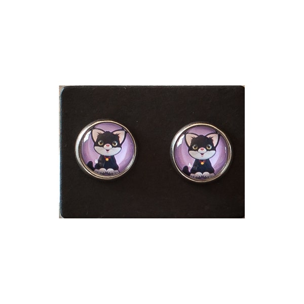 Boucles d'oreilles enfant chat noir - puce d'oreilles cabochon petit chat - bijoux petite fille - acier inoxydable argent - cadeau enfant