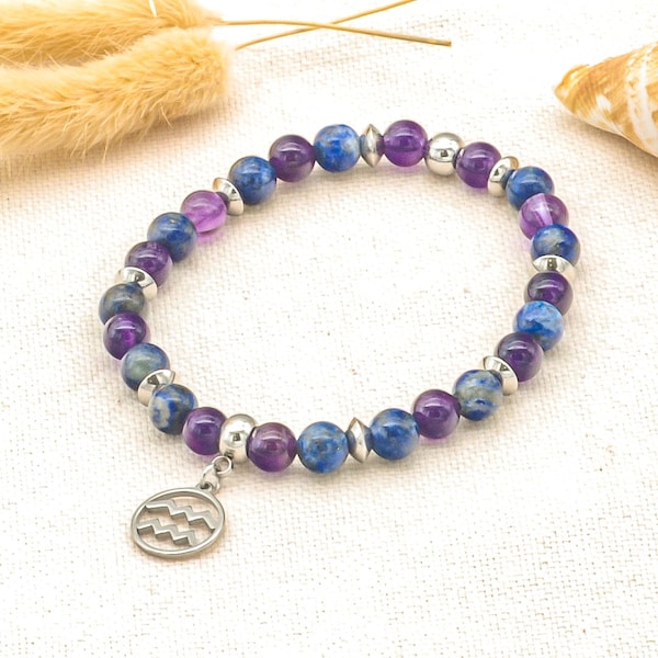 Bracelet verseau - bracelet signe du zodiaque en acier inoxydable - pierre naturelle améthyste & lapis lazuli - cadeau femme | homme