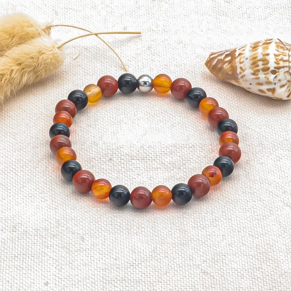 Bracelet pierre naturelle jaspe rouge, cornaline & tourmaline noire - Bijoux bien-être en pierre de qualité - cadeau femme | Fête des mères