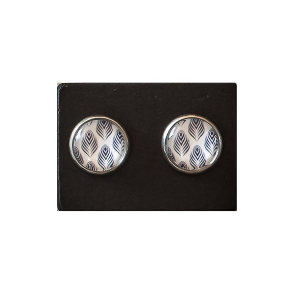 Boucles d'oreilles plume noir et blanc - puces black & white - puce cabochon verre - boucle d'oreille acier inoxydable argent - cadeau femme