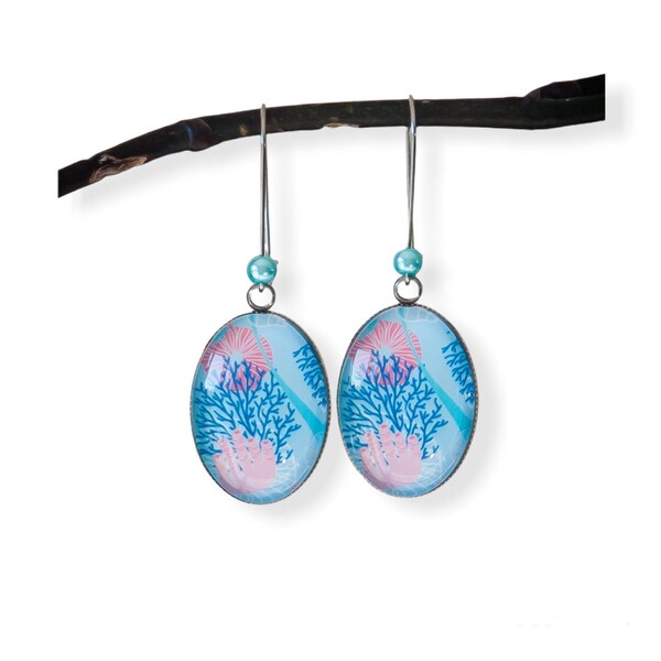 Boucles d'oreilles corail - boucle d'oreille cabochon ovale bleu ciel - bijoux acier inoxydable - cadeau femme Noël | fête des mères