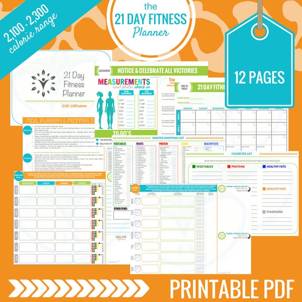 21 Day Fitness Planner | 2,100 - 2,300 Calorie Range | Printable Meal Planner | Meal Prep, Meal Plan, Grocery List, Journal & More!