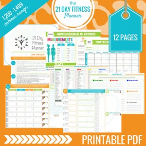 May include: A printable 21-day fitness planner with 12 pages. The planner includes sections for meal planning, to-do lists, a master shopping list, and a favorites list. The planner is designed for a 1,200-1,499 calorie range.