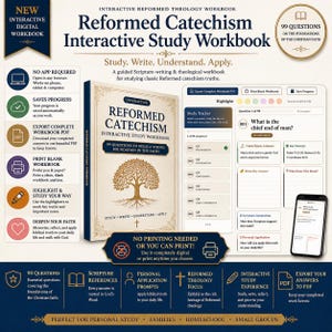 Op de afbeelding: Een interactief studieboek voor de gereformeerde catechismus met 99 vragen om een sterke basis in het geloof te bouwen. De omslag toont een boomillustratie en de titel. Inclusief digitale en printbare opties.