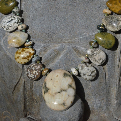 Ocean Jasper Necklace with Intarsia Pendant and Ocean Jasper Teardrop Strand, Boho Style, OOAK, Positivity Stone, shops Statement Necklace