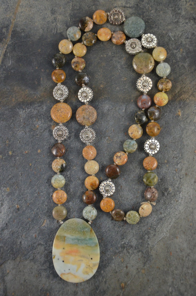 Multi-Coloured Amazonite Pendant Necklace with Hand Knotted African Opal Strand Beach Style OOAK Gemstone Necklace