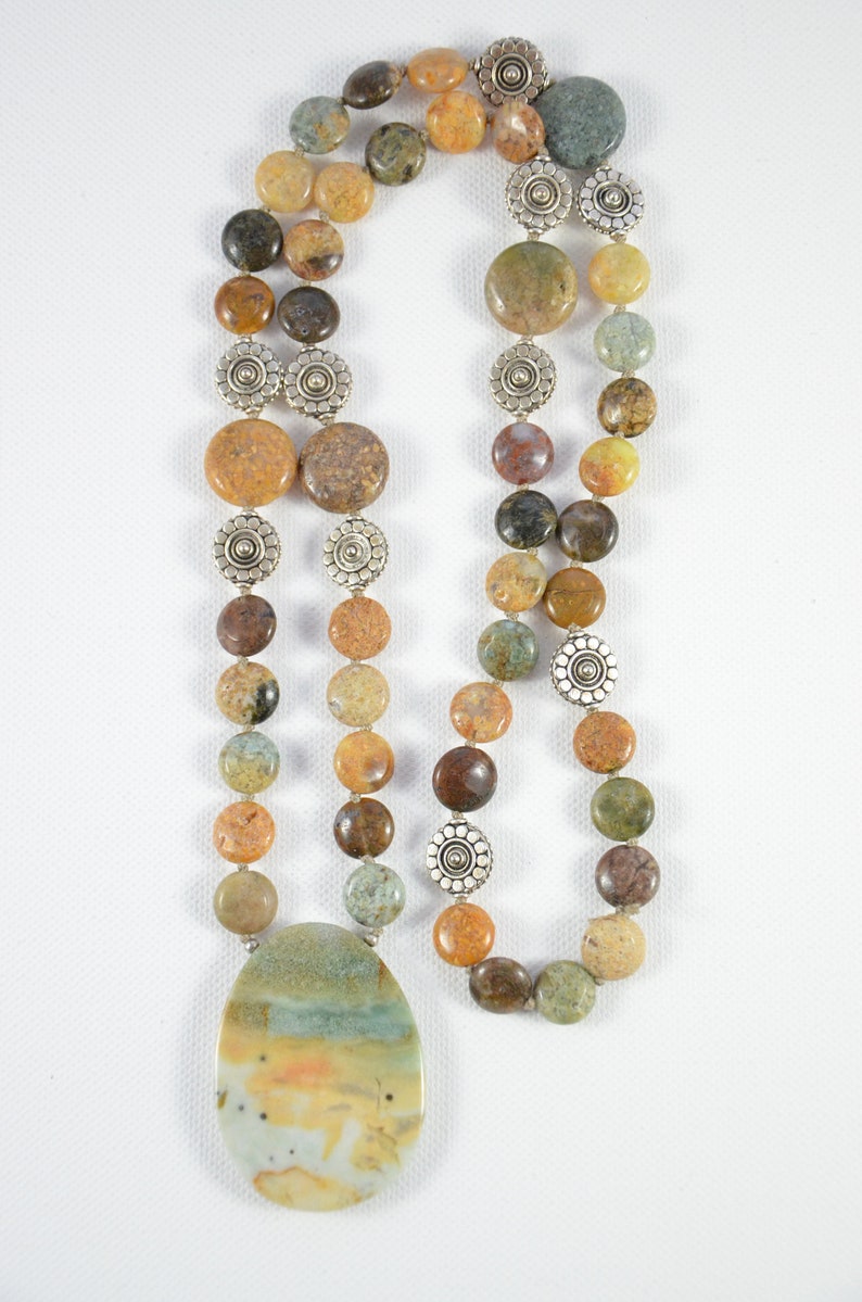Multi-Coloured Amazonite Pendant Necklace with Hand Knotted African Opal Strand Beach Style OOAK Gemstone Necklace