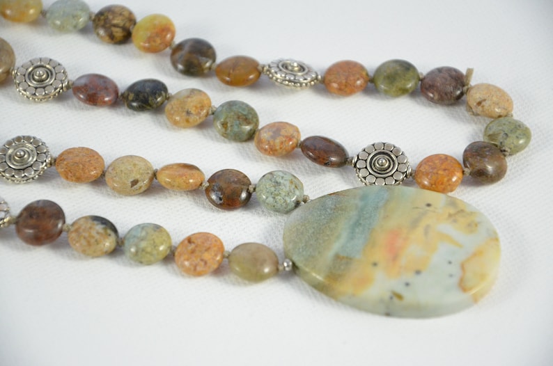 Multi-Coloured Amazonite Pendant Necklace with Hand Knotted African Opal Strand Beach Style OOAK Gemstone Necklace